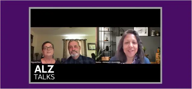A webinar moderator speaks with two people over video conference about Alzheimer's.